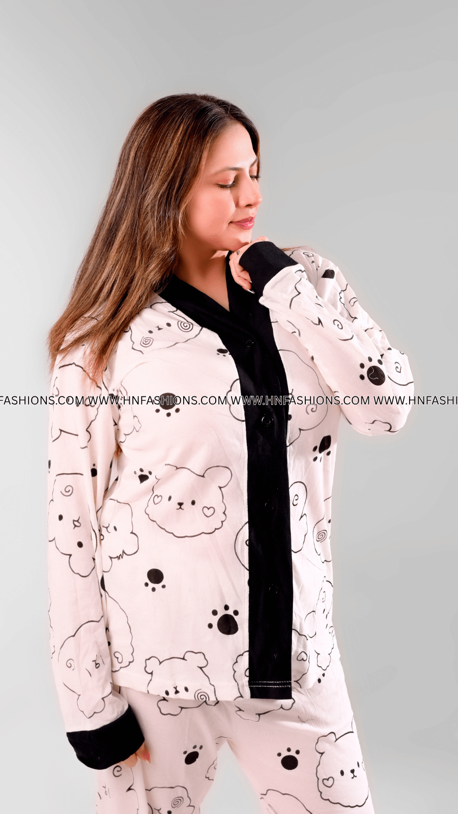Cream With Black Bears V-Neck Button Printed Night Suit