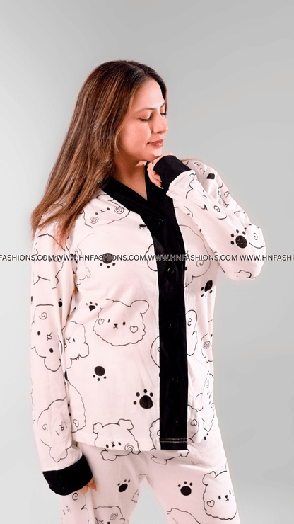 Cream With Black Bears V-Neck Button Printed Night Suit