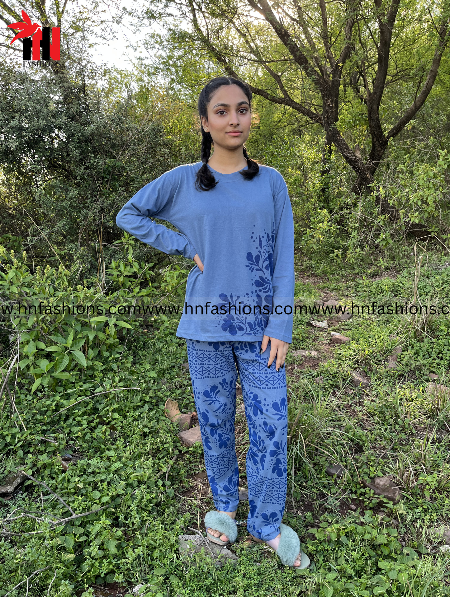 Sky Blue Leaves Printed Night Suit
