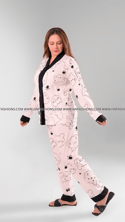Cream With Black Bears V-Neck Button Printed Night Suit