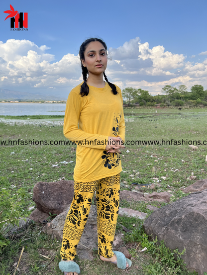 Golden Leaves Printed Night Suit