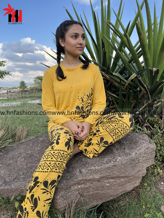 Golden Leaves Printed Night Suit