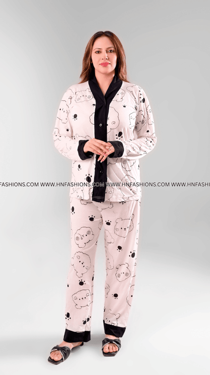 Cream With Black Bears V-Neck Button Printed Night Suit