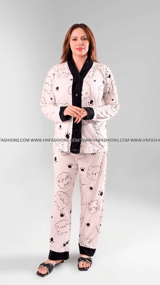Cream With Black Bears V-Neck Button Printed Night Suit