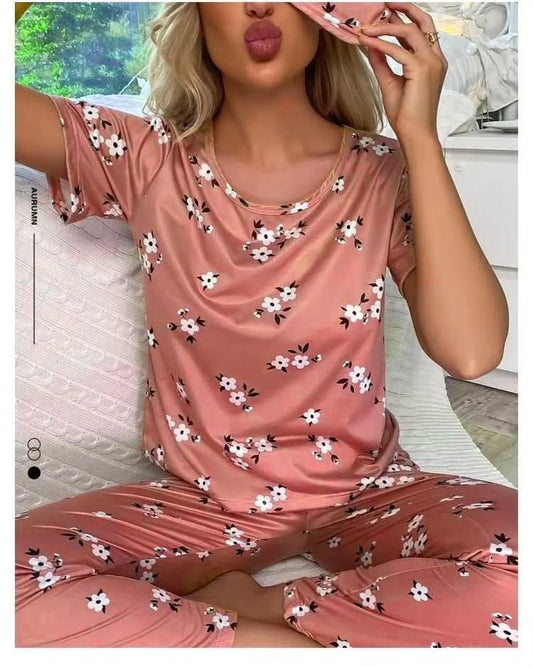 White Flower Printed Night Suit