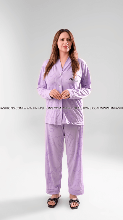 Lilac Love Bunny Printed V-Neck Button Printed Night Suit