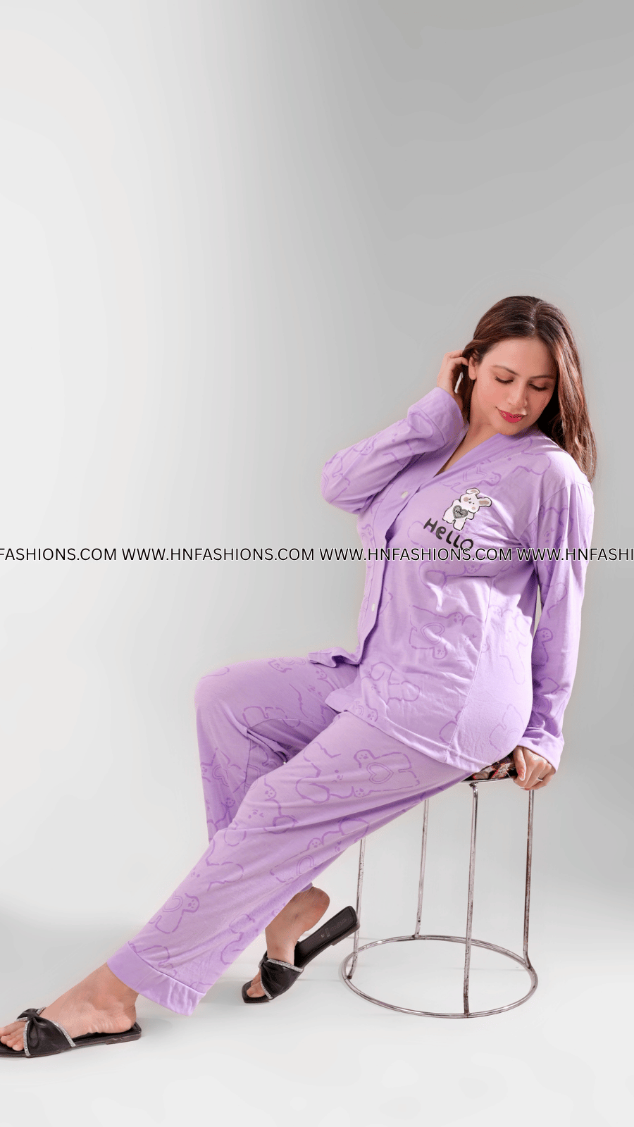 Lilac Love Bunny Printed V-Neck Button Printed Night Suit