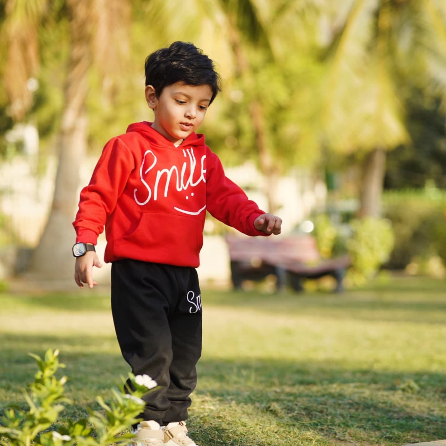 Red Smiley Printed Hoodie With Trouser For Kids