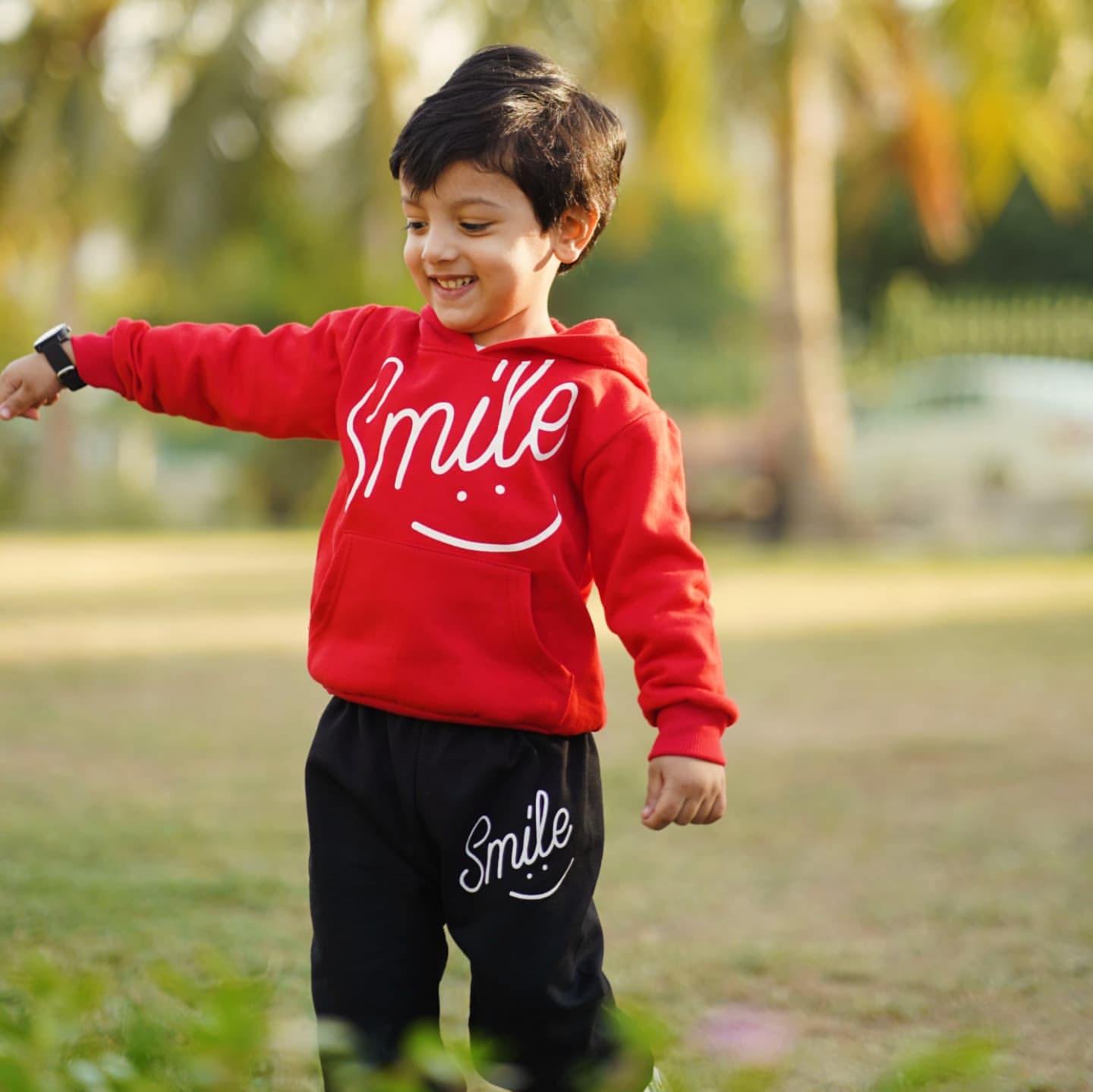 Red Smiley Printed Hoodie With Trouser For Kids