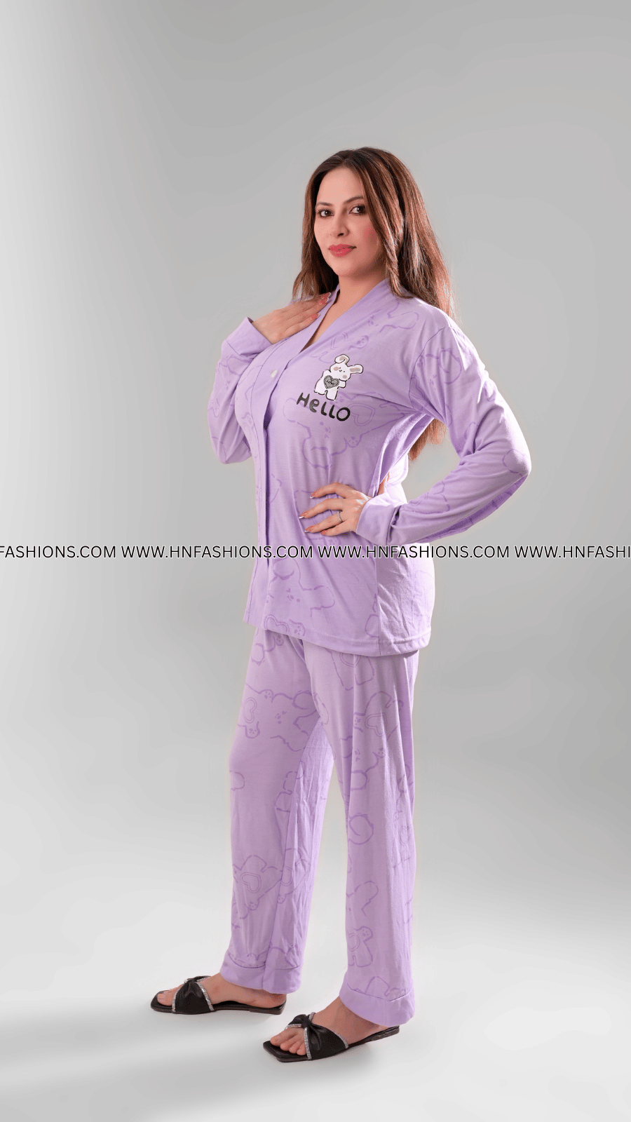 Lilac Love Bunny Printed V-Neck Button Printed Night Suit