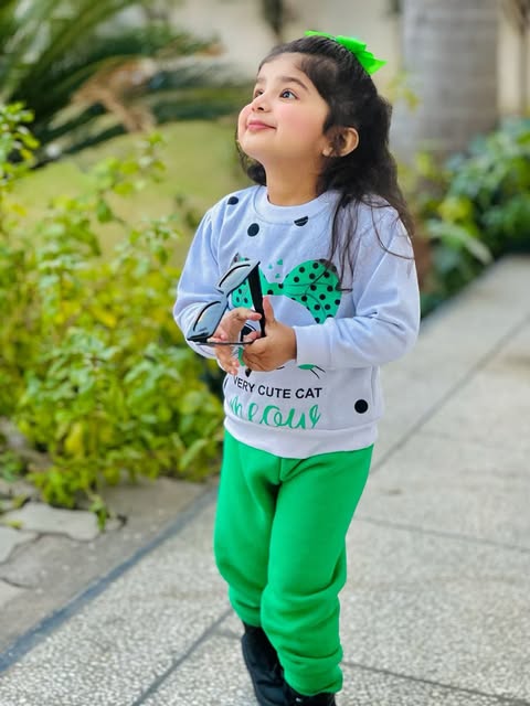 White Meow Printed Sweatshirt With Trouser For Kids