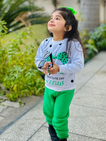 White Meow Printed Sweatshirt With Trouser For Kids