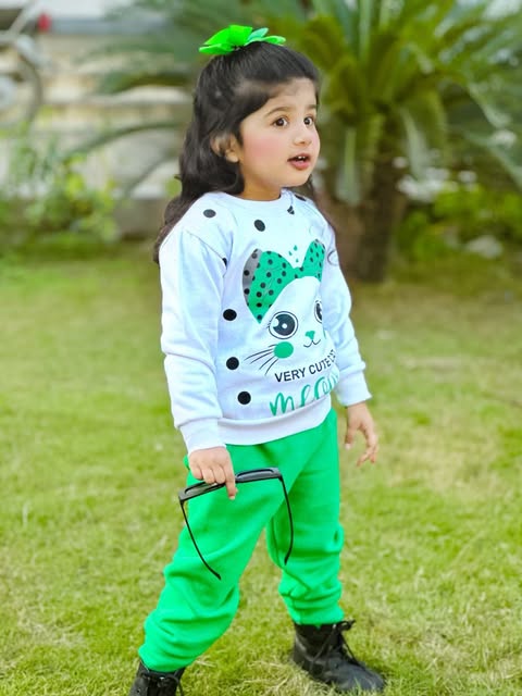 White Meow Printed Sweatshirt With Trouser For Kids