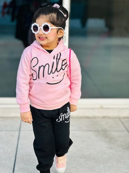 Pink Smiley Printed Hoodie With Trouser For Kids