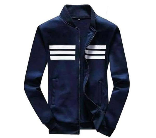 Navy Blue Three Stripe Printed Zipper Jacket