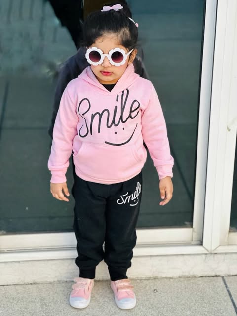 Pink Smiley Printed Hoodie With Trouser For Kids