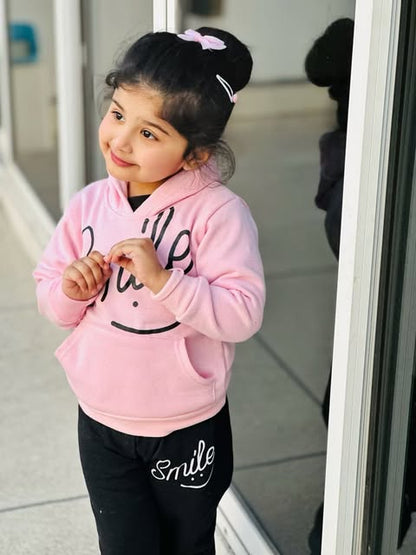Pink Smiley Printed Hoodie With Trouser For Kids