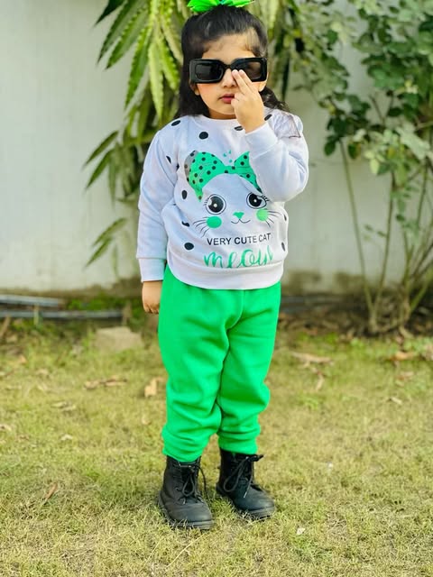 White Meow Printed Sweatshirt With Trouser For Kids