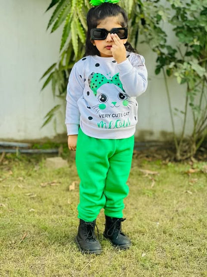 White Meow Printed Sweatshirt With Trouser For Kids