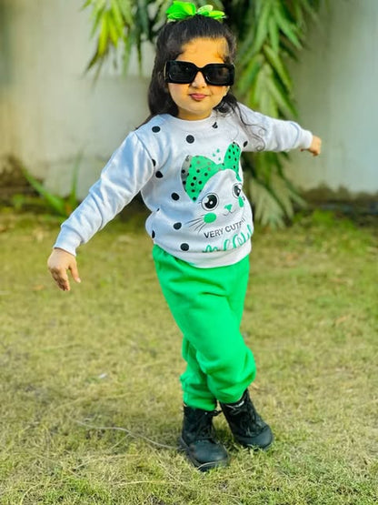 White Meow Printed Sweatshirt With Trouser For Kids