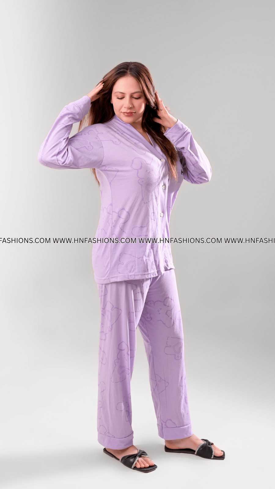Lilac Love Bunny Printed V-Neck Button Printed Night Suit