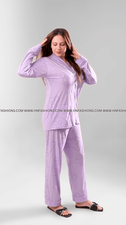Lilac Love Bunny Printed V-Neck Button Printed Night Suit