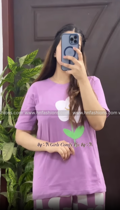 Purple Flower Printed Night Suit