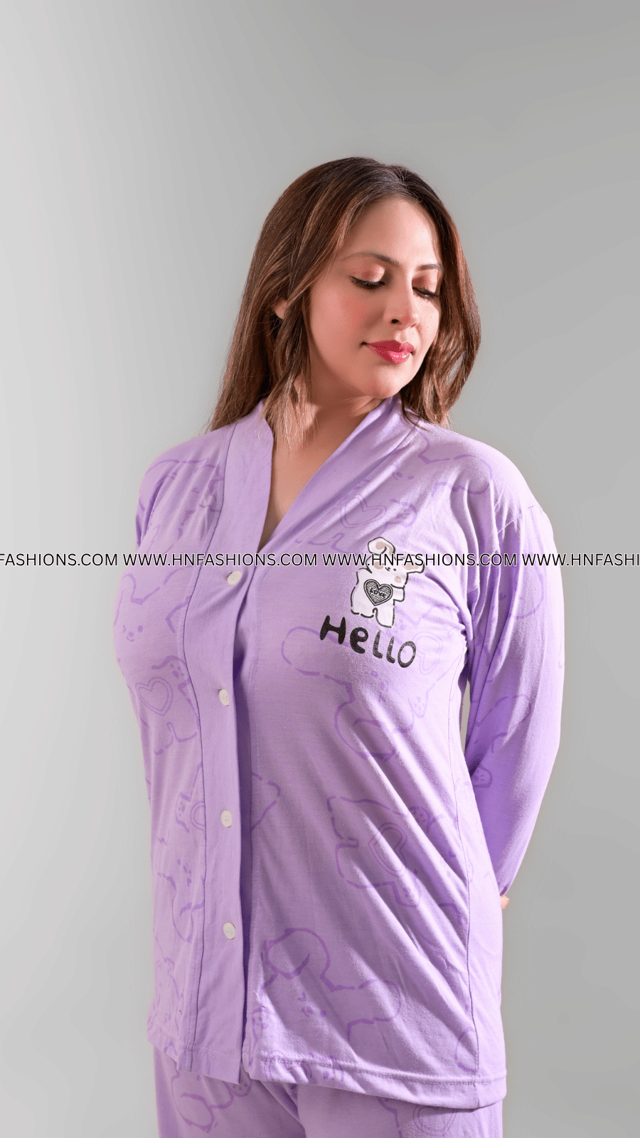 Lilac Love Bunny Printed V-Neck Button Printed Night Suit