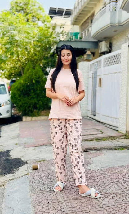 Baby Pink With Butterfly Printed Pajama Night Suit