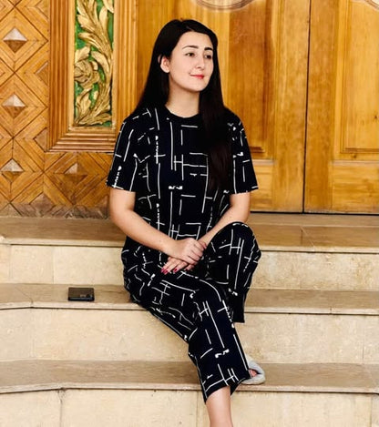 Black Printed Capri Night Suit