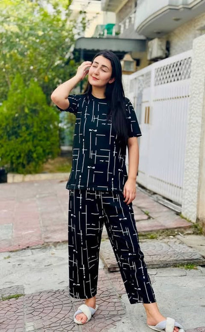 Black Printed Capri Night Suit