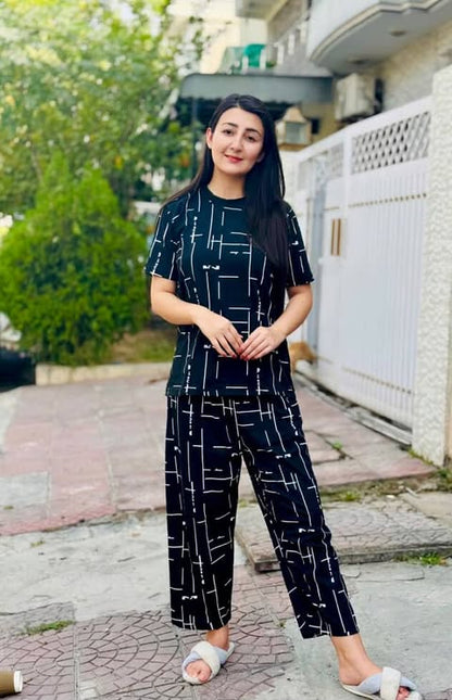 Black Printed Capri Night Suit