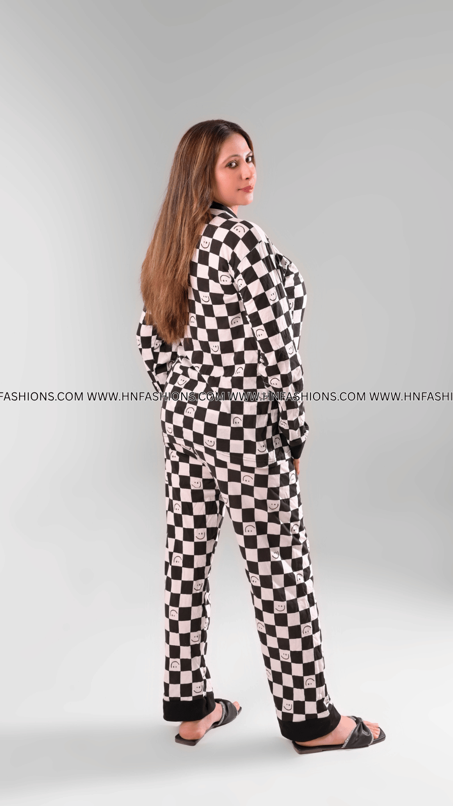 Black with White Smiley Printed V-Neck Button Printed Night Suit