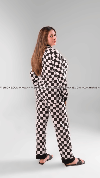Black with White Smiley Printed V-Neck Button Printed Night Suit