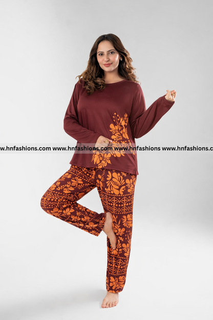 Maroon Leaves Printed Night Suit