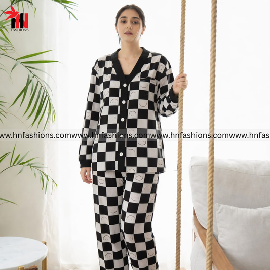 Black with White Smiley Printed V-Neck Button Printed Night Suit