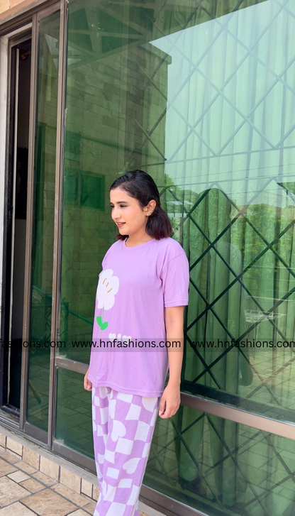 Purple Flower Printed Night Suit