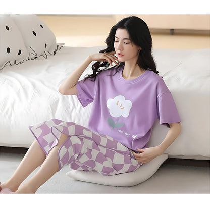 Purple Flower Printed Night Suit