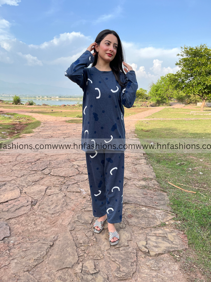 Blue Pattern Printed Woman Night Suit