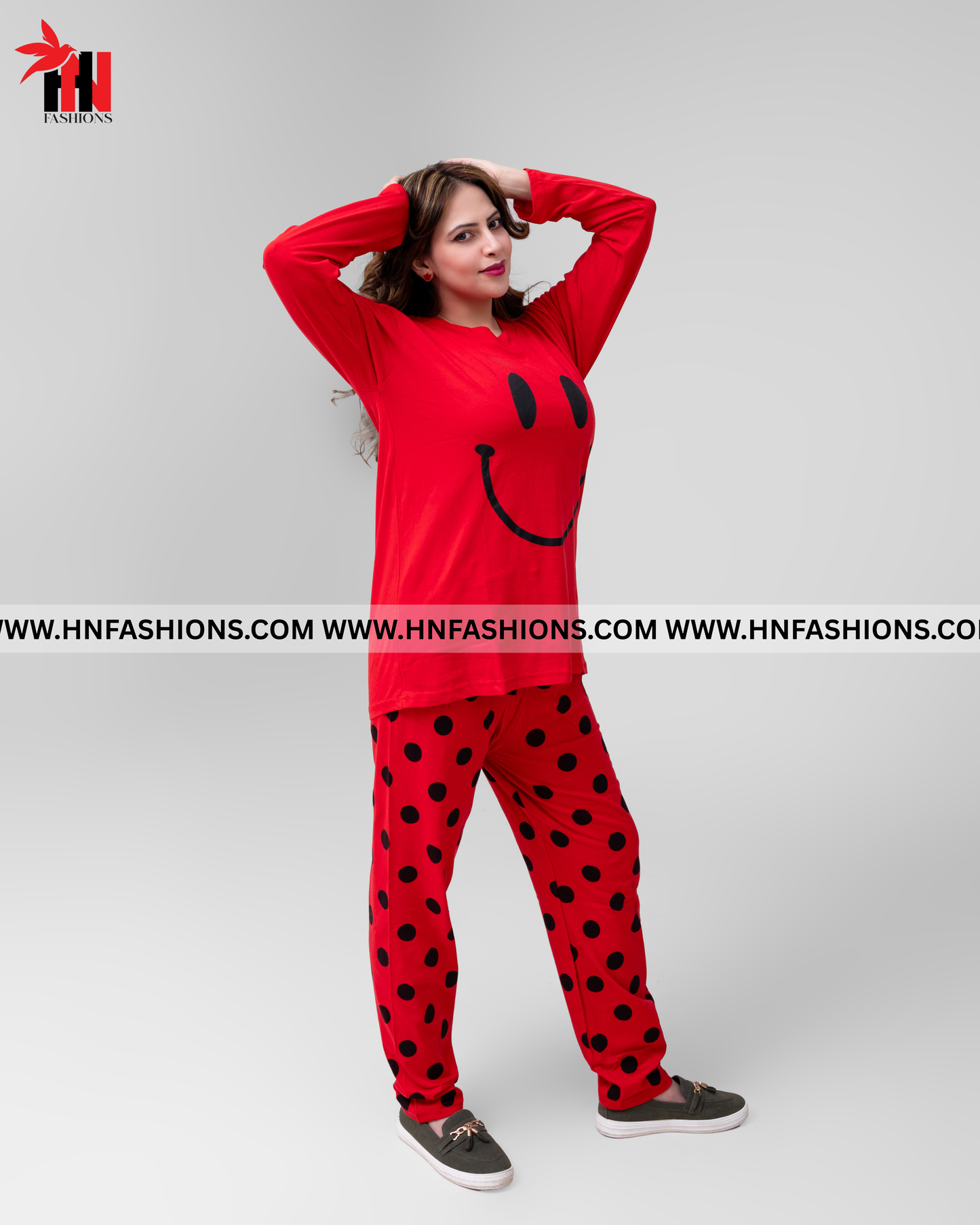 Red Smiley Full Sleeves Printed Pajama Night Suit