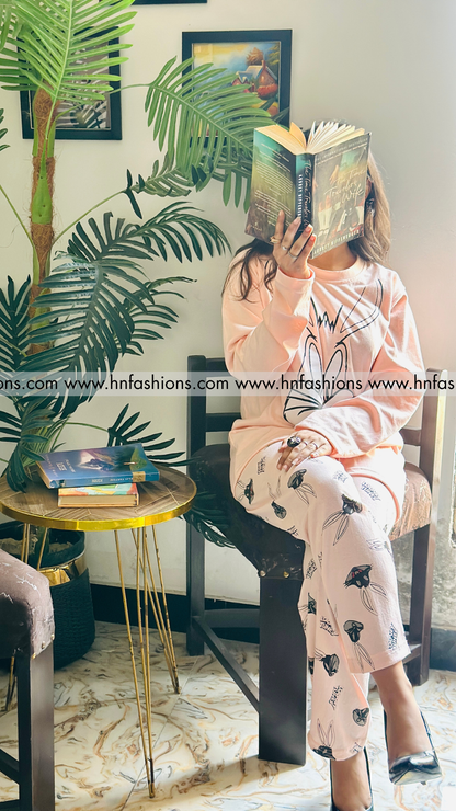 Pink Bunny Printed  Night Suit