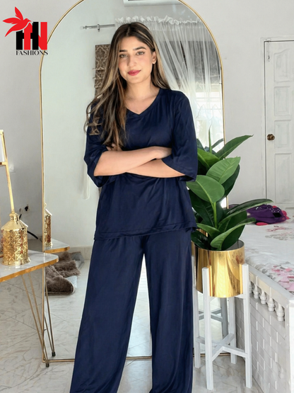V-Neck Navy Blue Plazzo Suit PJ Set