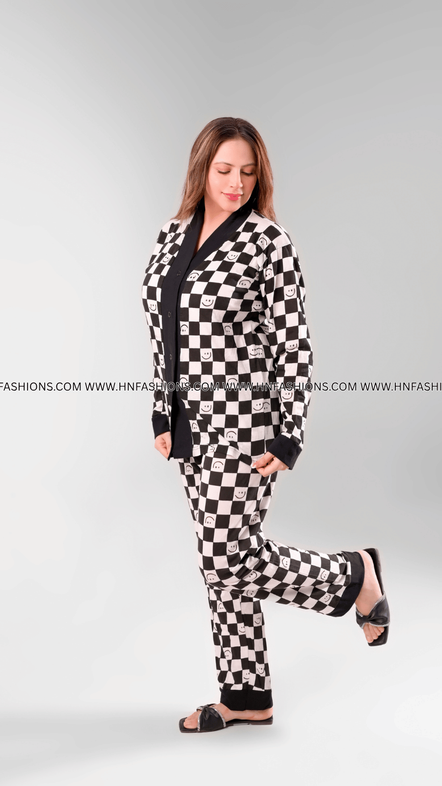 Black with White Smiley Printed V-Neck Button Printed Night Suit