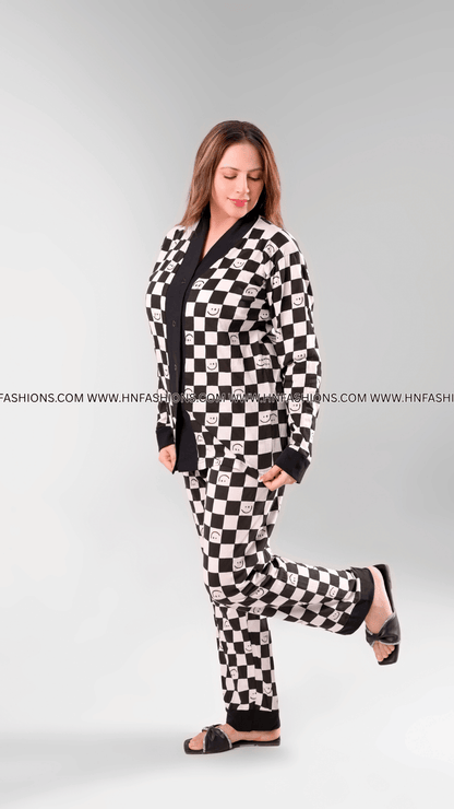 Black with White Smiley Printed V-Neck Button Printed Night Suit