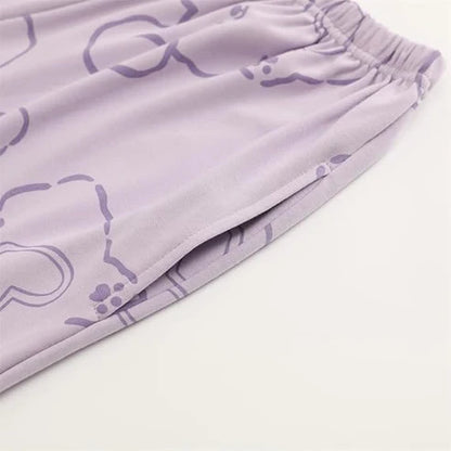Lilac Love Bunny Printed V-Neck Button Printed Night Suit