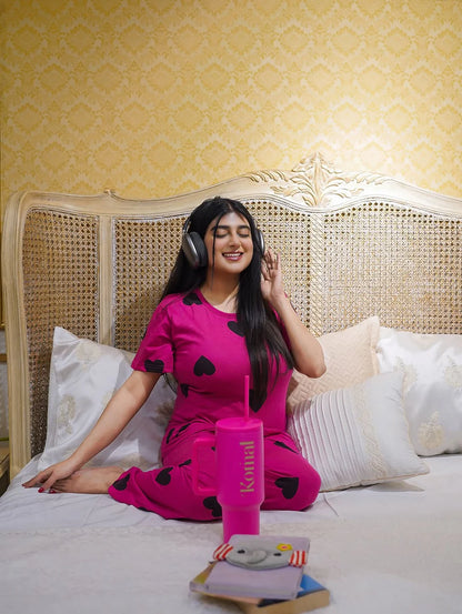 Black Multi Hearts Pink Printed  Night Suit