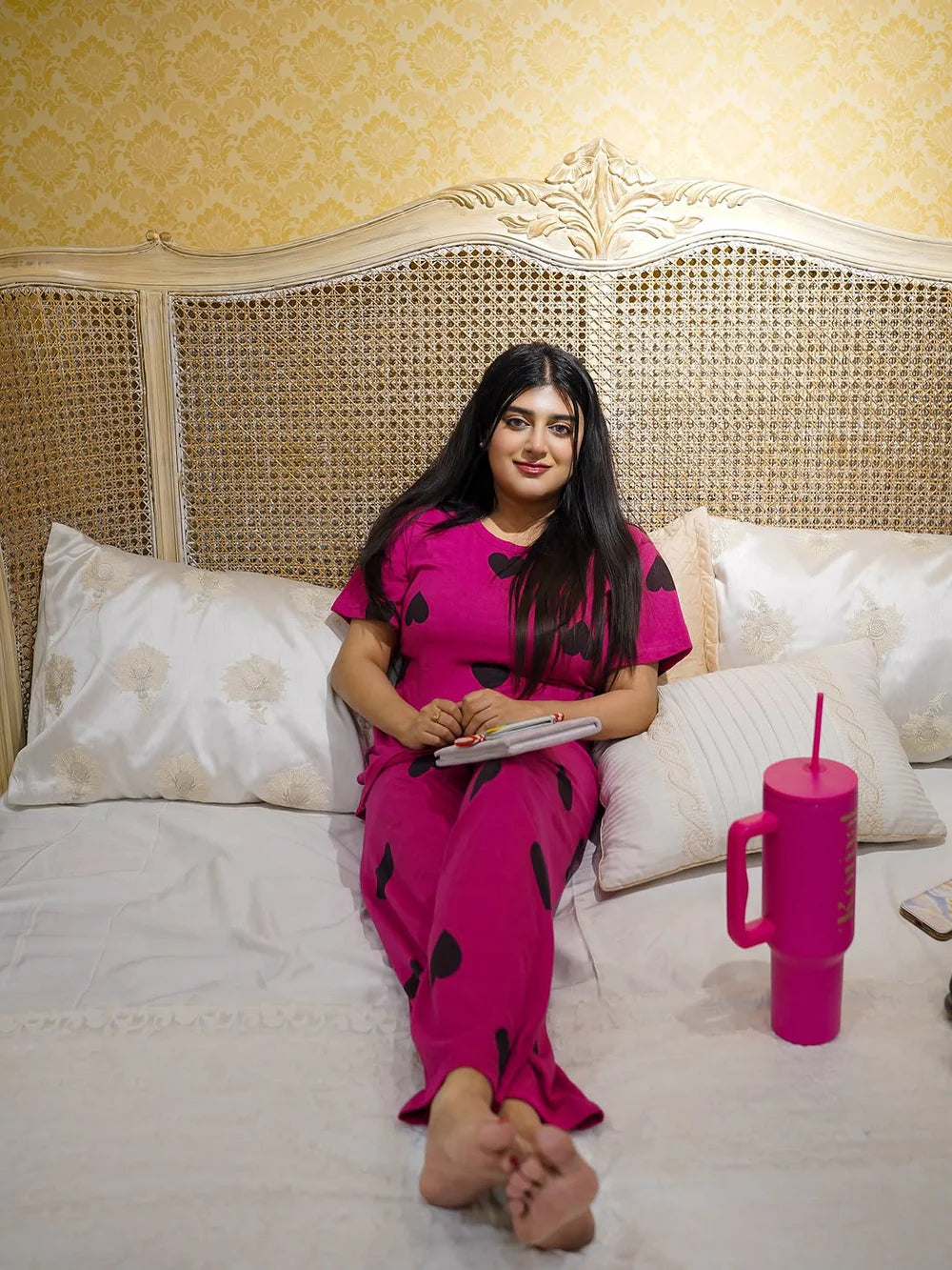 Black Multi Hearts Pink Printed  Night Suit