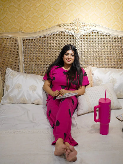 Black Multi Hearts Pink Printed  Night Suit