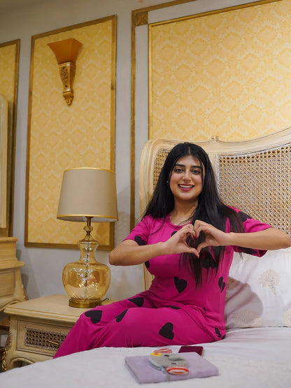 Black Multi Hearts Pink Printed  Night Suit