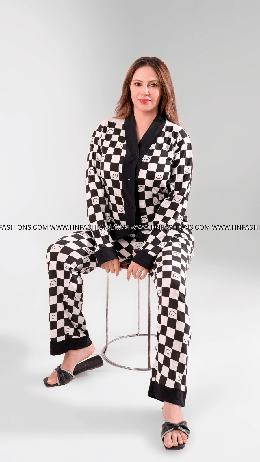 Black with White Smiley Printed V-Neck Button Printed Night Suit